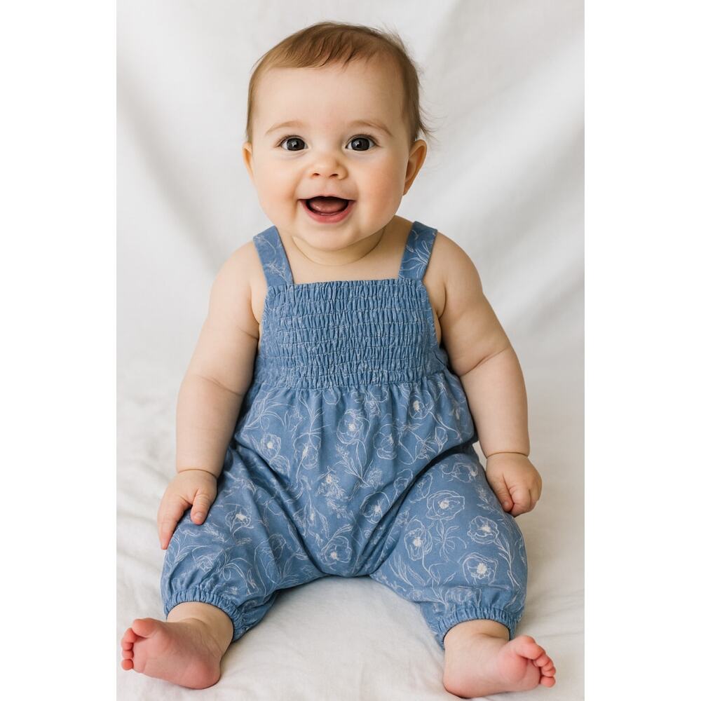 BARDOT Baby Missy Floral One Piece Outfit 3-6 Months Blue Linen Smocked NWT
